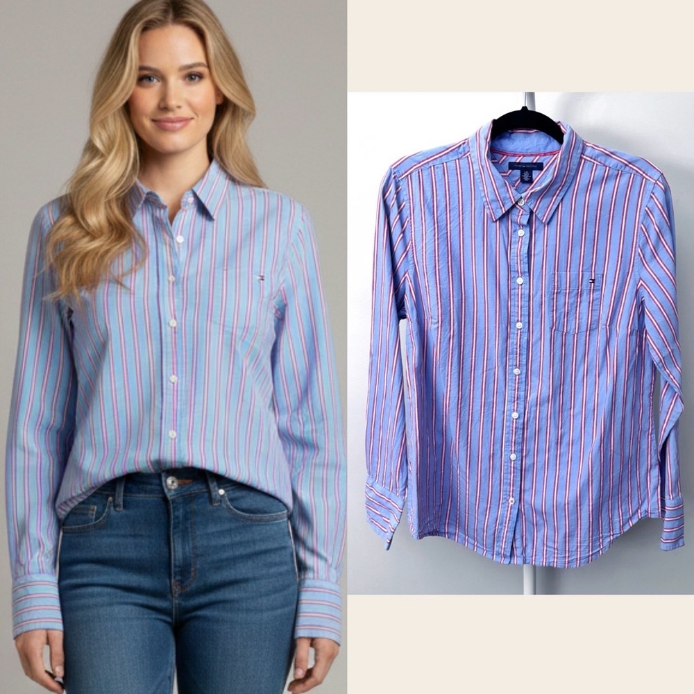 Tommy Hilfiger Stripped Pastel Blue Casual Button Down Shirt Blouse Size large.